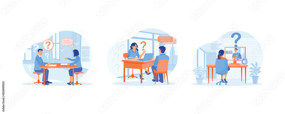 People has a job interview. Candidate answers HR questions. Good impression after the interview. Job interview concept. Set flat vector illustration.