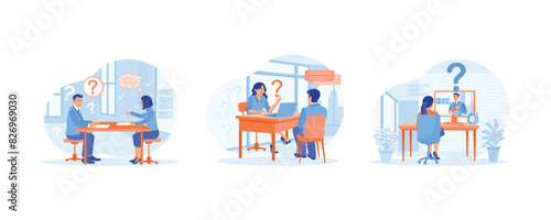 People has a job interview. Candidate answers HR questions. Good impression after the interview. Job interview concept. Set flat vector illustration.