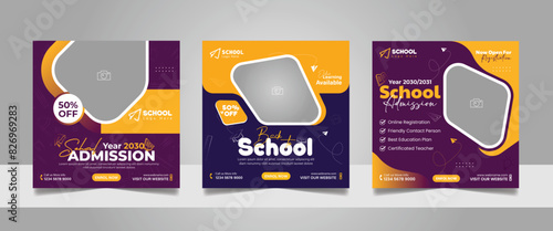 School admission social media post banner, educational social media post square flyer back to school web banner design template.	