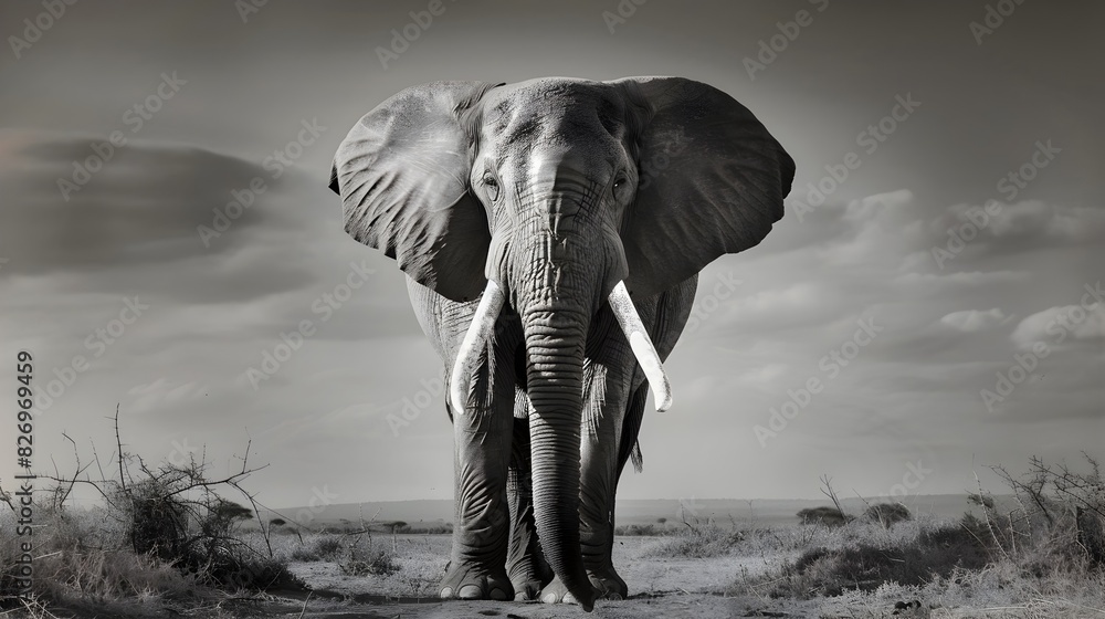 Naklejka premium Majestic Elephant Stands Alone in Vast African Savanna Landscape