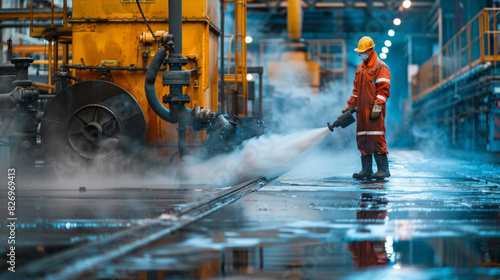 An industrial worker in a protective suit cleans a factory floor using a high-pressure hose, surrounded by machinery.