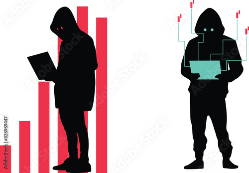 silhouette hacker with laptop on transparent background, vector design	