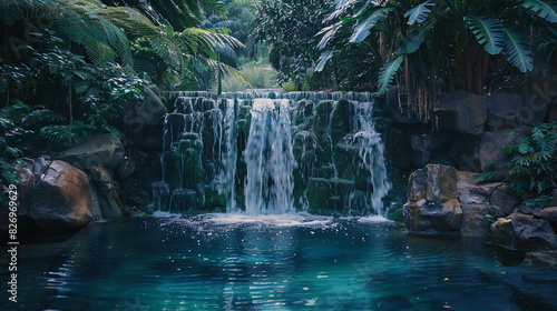 A waterfall in a tropical setting. The water is falling from a height of about 10 feet and is surrounded by lush green vegetation.