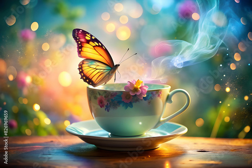 A Glossy cup of tee and fluttering dreams butterfly magic