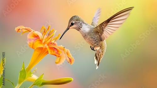 Snap a picture of a hummingbird hovering near a flower, its wings a blur of motion as it feeds on nectar © Thavesak