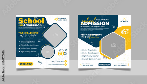 School admission social media post banner, educational social media post square flyer back to school web banner design template.	