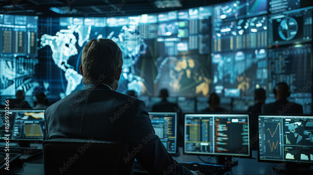 A businessman in a control room monitors global financial data displayed on multiple screens with maps and charts. A businessman in a control room monitors global financial data displayed on multiple screens with maps and charts.