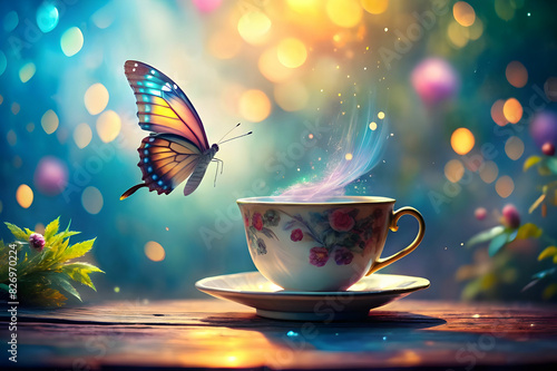 A Glossy cup of tee and fluttering dreams butterfly magic