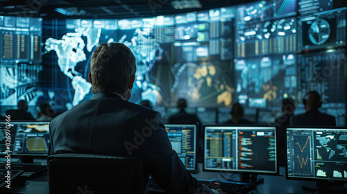 A businessman in a control room monitors global financial data displayed on multiple screens with maps and charts.