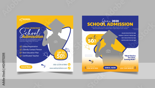 School admission social media post banner, educational social media post square flyer back to school web banner design template.	
