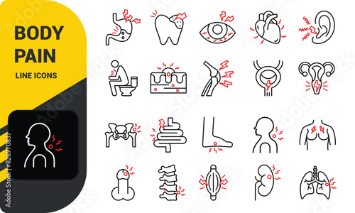 Body pain thin line icon set, organs ache symbols collection, vector sketches, logo illustrations, sickness signs linear pictograms package isolated on white background
