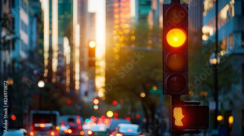Close-up of a traffic signal with city traffic in the background.