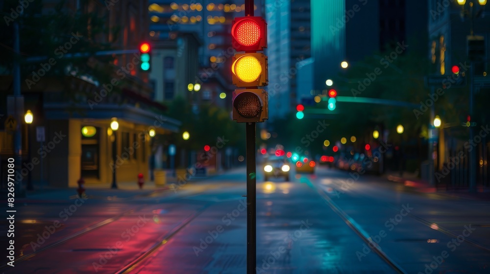 Close-up of a traffic signal with city traffic in the background. Close-up of a traffic signal with city traffic in the background.