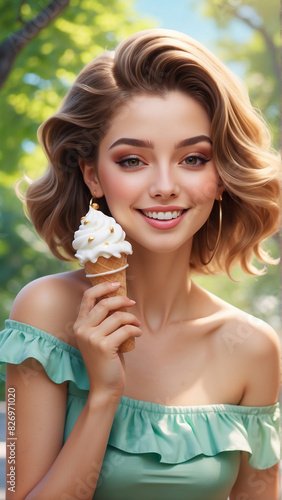 Close-Up Half-Portrait of a Young Woman in a Polka-Dot Dress and Wide-Brimmed Hat Enjoying a Colorful Ice Cream Cone Topped with Sprinkles on a Sunny Day  in a Bright Park  Generative AI.