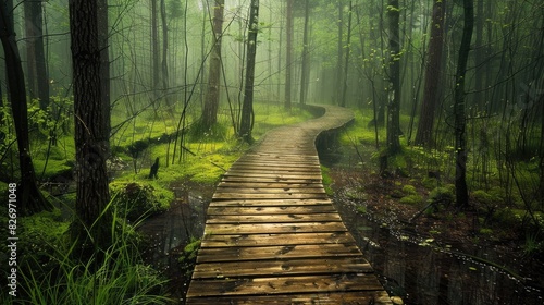 Spring boardwalk in a damp forest