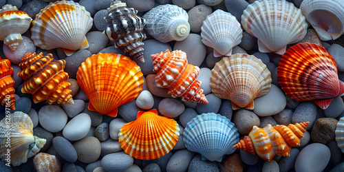 seashells on the sand, A Photo capturing the intricate details and colors of a collection of seashells nestled among the ro