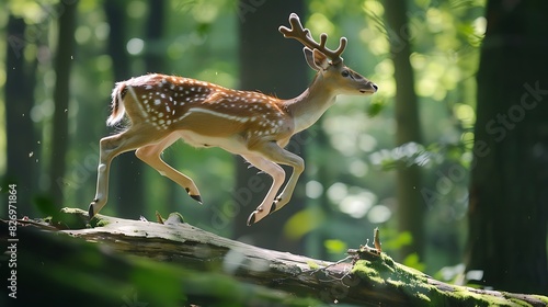 Capture the graceful leap of a deer over a fallen log in a forest, its agility and elegance in mid-air