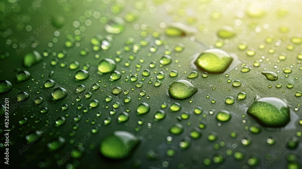 a green surface with multiple water droplets spread across its surface