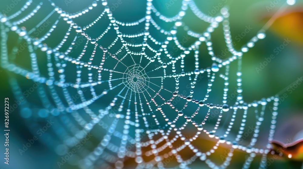 Naklejka premium Dew kissed spiderweb glistens in morning light