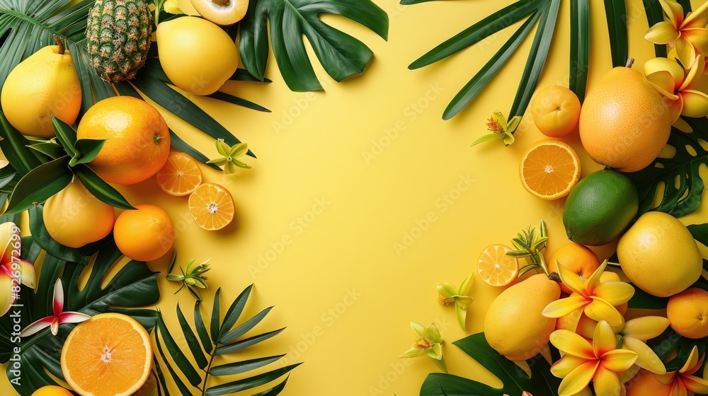A yellow backdrop adorned with lively tropical fruits and foliage A yellow backdrop adorned with lively tropical fruits and foliage