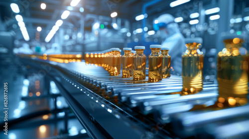 Close-up of pharmaceutical bottles on a production line in a modern factory, highlighting precision and technology in medicine manufacturing.