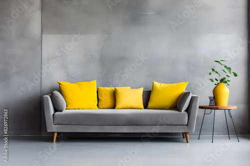 A mid-century modern living room design features a real sofa with vibrant yellow pillows against a grey stucco or concrete wall, accompanied by an art poster. 