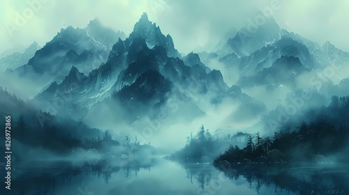 misty mountain range enveloped in soft liquid hues