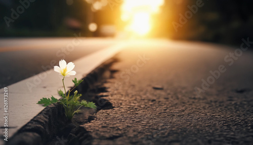 過酷な環境で生きる一輪の白い花　希望の象徴
道路の亀裂　ドラマチック photo