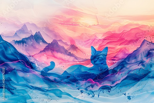double exposure cat with colorful watercolor  photo