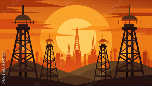 The orange glow of a sunset illuminating the metal frames of towering oil derricks.. Vector illustration