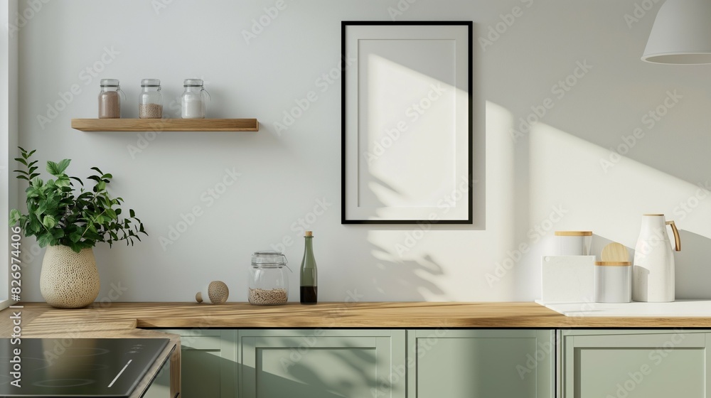 Frame mockup, modern and stylish home kitchen interior, wall poster frame Frame mockup, modern and stylish home kitchen interior, wall poster frame