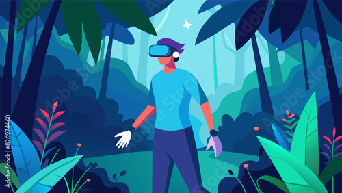 A person with chronic pain is seen standing in a virtual rainforest performing mindbody exercises using VR technology to help improve flexibility and. Vector illustration