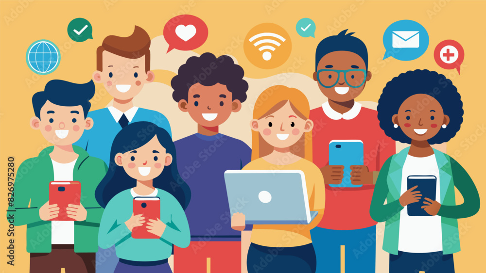 A diverse group of students using social media to spread awareness and gather support for their cause of promoting responsible use of technology in. Vector illustration A diverse group of students using social media to spread awareness and gather support for their cause of promoting responsible use of technology in. Vector illustration