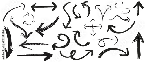 grunge arrow . Set of black hand drawn grunge doodle spiral and curved charcoal, chalk arrows on white background. Scribble symbols of direction pointers, swirl arrow elements for infographic design.