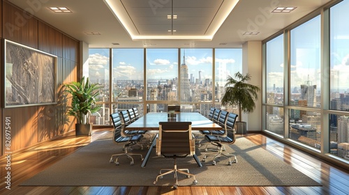 Modern Corporate Law Office Meeting Room with Cityscape View and Elegant Decor, Executive Business Setting