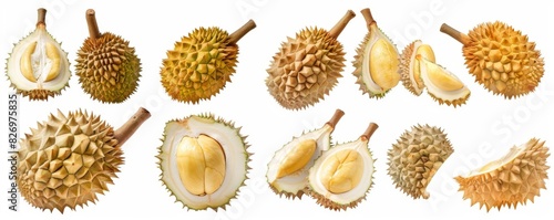 Isolated durian showing both whole and sliced pieces, on a white background Excellent for educational materials, food product packaging, and tropical fruit showcases