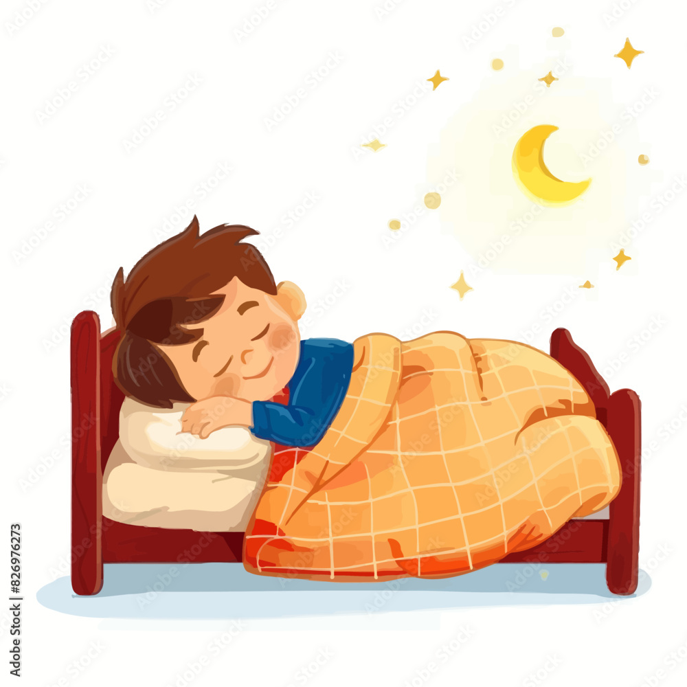 happy cute little kid boy sleep in the night vector illustration ...