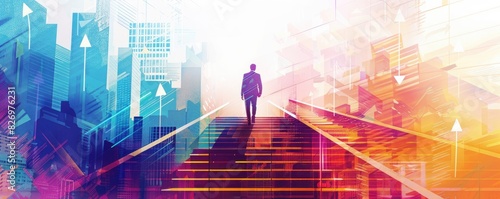 A businessman is climbing the stairs to success in city with arrows pointing upwards and buildings, double exposure photography, vector illustration style, white background photo