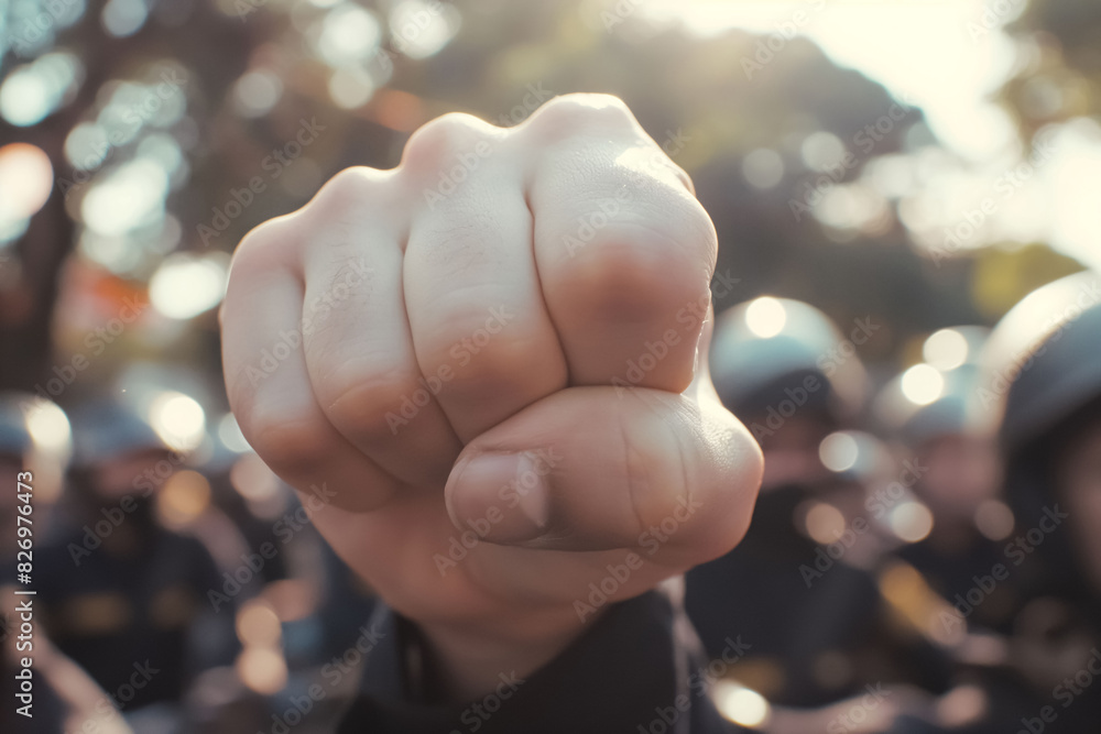 Fist in the air with police on a background Fist in the air with police on a background