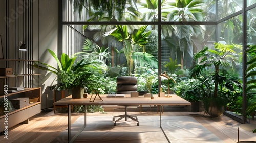 Productive Sanctuary: A Home Office Filled with Indoor Plants and Bathed in Natural Light © pkproject