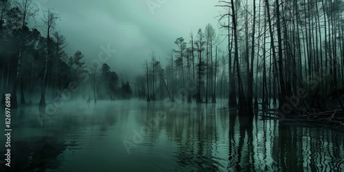 Misty forest with tall trees and a calm pond  creating an eerie and tranquil atmosphere with a mysterious green hue..horror forest 