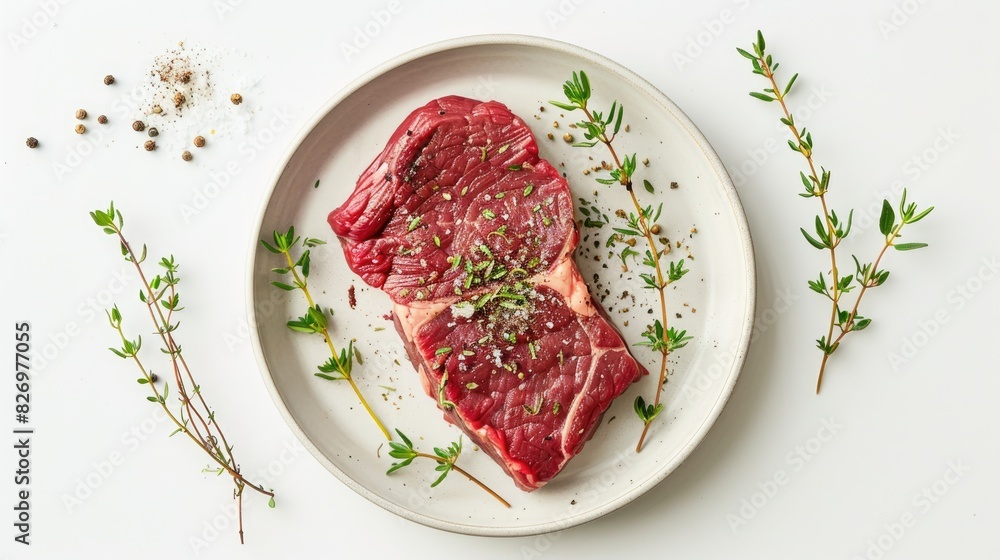 Plate of raw beef steak with thyme on a white background seen from above Plate of raw beef steak with thyme on a white background seen from above