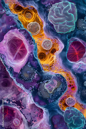 High-Resolution Microscopic View of Human Cells, Highlighting Nucleus, Mitochondria, and Cellular Organelles