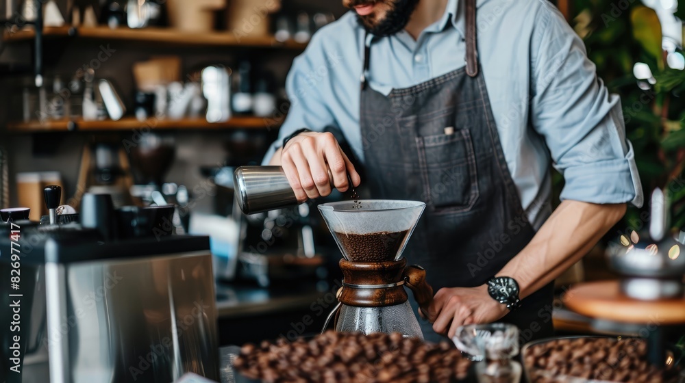 A barista grinding coffee beans and preparing an espresso shot in a modern coffee shop. A barista grinding coffee beans and preparing an espresso shot in a modern coffee shop.