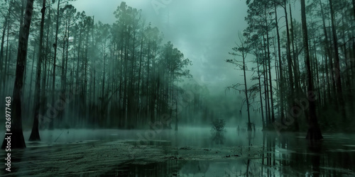 Misty forest with tall trees and a calm pond  creating an eerie and tranquil atmosphere with a mysterious green hue..horror forest 