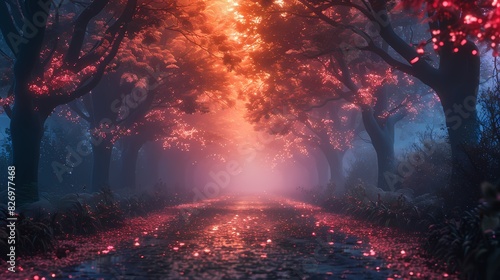 mystical forest path lit by soft liquid hues