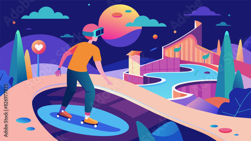 From the comfort of your own home you can explore virtual worlds while seamlessly skating through a variety of imaginative landscapes in the VR. Vector illustration
