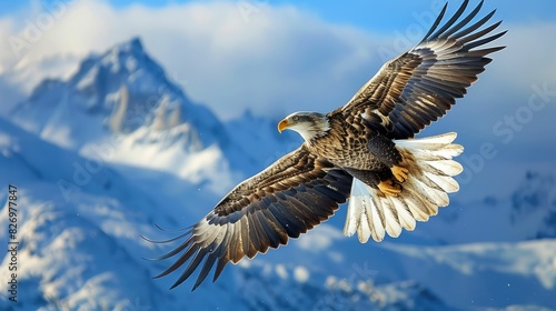 Majestic eagle soaring over snowy peaks