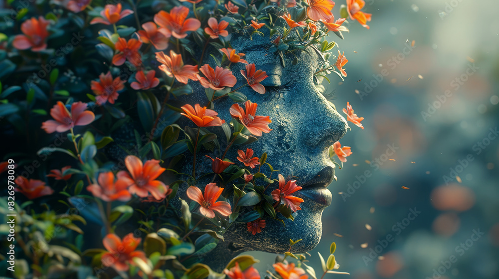 A stone face intertwined with vibrant, blooming flowers in a surreal, nature-inspired artwork. A stone face intertwined with vibrant, blooming flowers in a surreal, nature-inspired artwork.