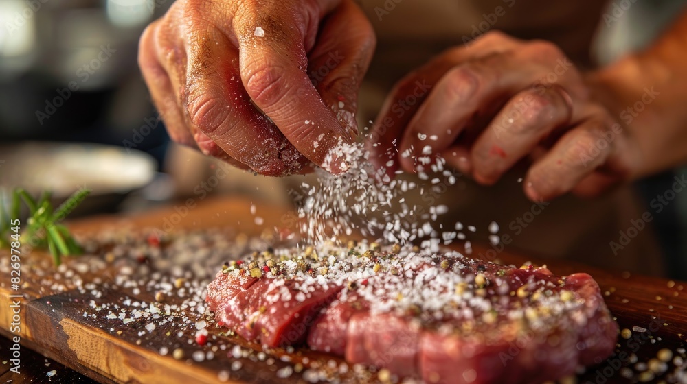 A close-up of hands seasoning a raw steak with salt and pepper on a wooden board. A close-up of hands seasoning a raw steak with salt and pepper on a wooden board.